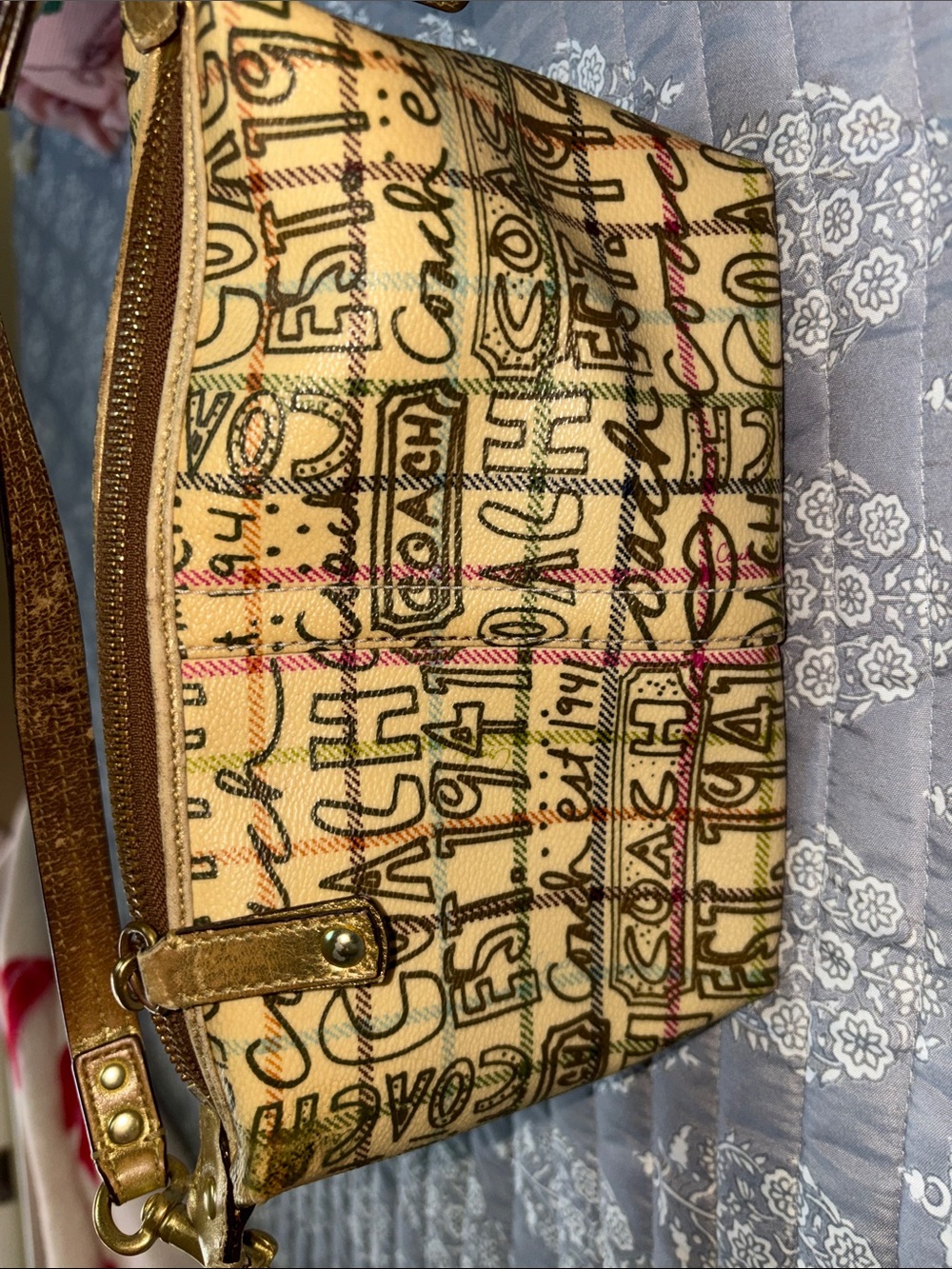 Coach Beige Signature Script Wristlet with Metallic Strap